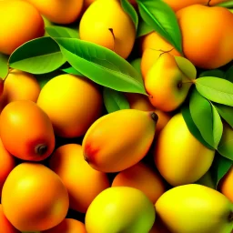 A background with colors of mango and its leaves and some light orange