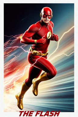 1/4 side view, looking at the viewer, Movie Poster - "THE FLASH" - An athletically built muscular, 7'8" tall man, ((skintight, formfitting, long-sleeved, red spandex bodysuit:1.5)), ((gold knee-high boots:1.5)), ((gold wrist gauntlets, red fingerless gloves, gold, double holstered utility belt:1.5)), ((skintight, formfitting, red spandex helmet with red eye disguise,:1.5)), Glowing eyes, Running in the speedforce with multicolored lightning emanating from his body