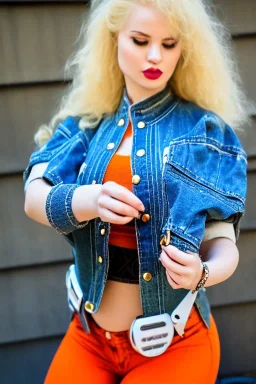 blonde taking selfie.thick thighs,thick calves,flat belly,curvy fell. New kind of bolero is sewed of upcycled Denim, which condescends with integrated bag[SIC]. It is sewed together of camouflage pieces, whose color are all denim colors, orange, cream and purple. Big colored headphones (gold rings!) is merged with small felt cap with small visor. It is with big bright purple felt tippet and birght-colored-hood is merged with colorful beanie. Style: Haute Couture, 1980's Finland, N.Y.C fashion