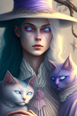 Friendly witch, playing with cats, perfect eyes, perfect iris, pastel colour, chalk, style Elisabeth Kreitz