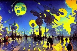 Epic futuristic street, exoplanet in the sky, konstantin korovin impressionism painting