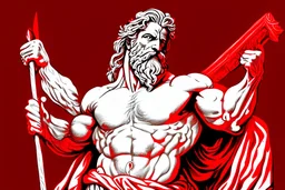 Detailed and realistic illustration of Greek god Zeus holding a red bold in het left hand and white bold in right hand. Detailed, Strong, Powerful.