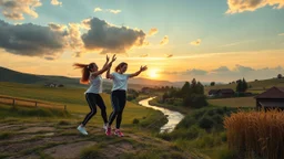 a group of young ladies in sports pants and blouse are dancing to camera in village over high grassy hills,a small fall and river and wild flowers at river sides, trees houses ,next to Ripe wheat ready for harvest farm,cloudy sun set sky