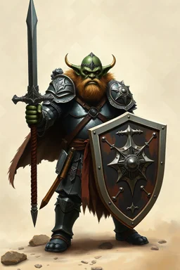 Orc paladin in chainmail with sword and shield