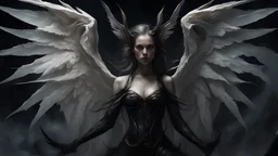 Demonic Elves with Wings,, Full Body Shot, Hyperrealistic, Photorealistic, Instant Details, darkness, by Raymond Swanland & Alyssa Monks & Anna Razumovskaya