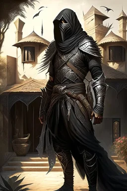 Arab warrior Full Body Full Armored Wearing Face Masculine Mysterious Powerful Fantasy High Quality with his bow black clothes His house behind him