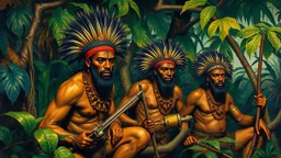 Highly detailed painting of primitive tribal warriors in a jungle setting, vibrant colors, intricate details, by Henri Rousseau and Paul Gauguin, (long shot), realistic style with exaggerated features and proportions.