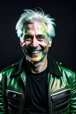 plauge doctor in balck leather coat and suit with silver hair, pale skin and bright green eyes smiling with sharp teeth, nice young face, male, viscious smile