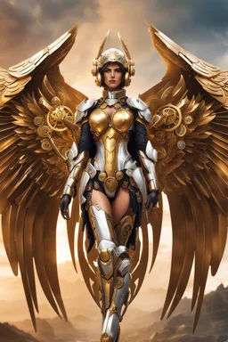 Photo Full body Lady Angel cyborg straddle wings, using traditional armor,detailed, intricate,gears cogs cables wires circuits, gold silver chrome copper,abstract background