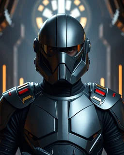 star wars bald male corellian pilot wearing pearlescent black and gunmetal grey First Order special forces heavy assault stealth commando armor and helmet with mirrored visor and gold and metallic red trim inside the jedi temple, hyperdetailed, dynamic lighting, hyperdetailed background, 8k resolution, volumetric lighting, light skin, fully symmetric details