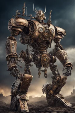 steampunk warrior robot with a big, complicated and detailed mechanical sword in a battlefield. Masterpiece, hyper detailed, details, battlefield, dramatic, dramatic lighting