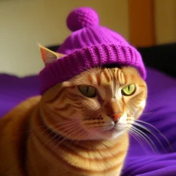 red cat wearing a purple hat