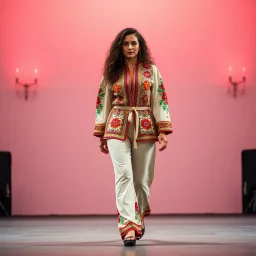 A full-body shot of a beautiful lady wearing azeri folk jacket and pants , curvy hair walking on a nice stage and looking at the camera