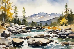 Sunny day, spring, rocks, mountains, epic, winslow homer watercolor paintings