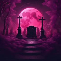 A realistic moon in a glowing dark pink forest, lightnings, a gravestone, chains