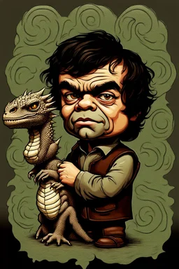 portrait of an odd but strangely beautiful yet odd little humanoid creature named Herve Villechaize in the role of "Tyrion Lannister" from "Game of Thrones" with a dragon in the background Modifiers: very cute Norman Rockwell style of Bobby Chiu style of Chris Ryniak