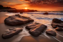 Amazing sunset, rocks, sea, waves, seashore, sand, epic, photography