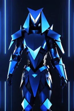 neon blue, floating parts of armor in form of triangles, cyber armor, geometric patterns on armor, male, orbiting triangle