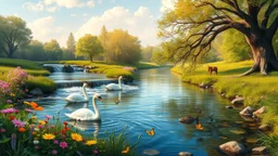 a beautiful river in country side with water falls and big tree,wild flowers and, swans pertty coloful fishes in river ,a pretty Deer with horns in inside plants,butterflies around flowers,heaven escape,some ladys are standing at river side