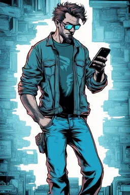 man, cyberpunk, holding a cellphone, comic book art style, geek, engineer, t-shirt, jeans, drug addict,