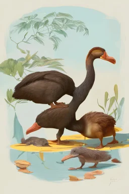 John James Audubon-like illustration of a fully uncropped Dodo bird and a Platypus in a landscape of warm yellows, warm reds, and warm blues