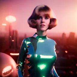 Ultra Realistic retro sci-fi portrait New York image from 1960, many explosions, sweet young Jane Fonda, tight latex suit, weapon, fighting stance, soft color, highly detailed, unreal engine 5, ray tracing, RTX, lumen lighting, ultra detail, volumetric lighting, 3d, finely drawn, high definition, high resolution.