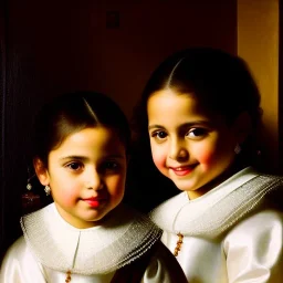 portrait of sisters Eira Santiago Arnau(ten year old, dark blonde) and Dalia Santiago Arnau (six year old, brunette) by Velazquez,smiling, oil on canvas, cinematic composition, extreme detail,8k,fit full head inside picture,