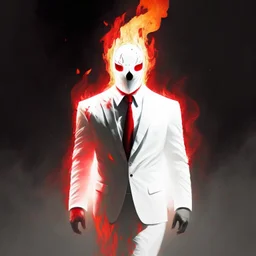 a scary man on fire wearing a white suit with a red tie who has no face