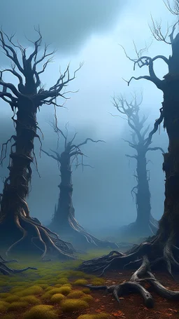 Seven bending to right weak and tall trees in the because of high and stormy winds , surrealism of the dark of a nightmare ten miles high and six foot deep, hyper photorealistic, hyper detailed dark art color, high resolution, fog, octane render, tilt shift, HDRI Environment, all pictures dark gray