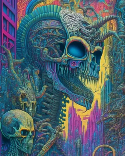 hyperdetailed A lot of skeletons and skulls and aliens and snakes cyberpunk cityscape inspired by H.R. Giger's biomechanical art, infused with the colorful vivid colors and intricate patterns of Kehinde Wiley's portraits, populated by sentient AI creatures.