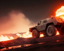 wide angle of Gi joe driving A lunar armored rover with tracks and claw and orange, troops, big Erupting volcanoes, White headlights on flamethrower