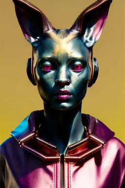 Medium Close Up Portrait, Front image. cyberpunk, rabbit mask, Afro woman, pink hair. Titanium tracksuit. Red, black, gold, color. Punk style. Color background, photo studio. Avatar image, highly detailed, concept art, smooth, unreal engine 5, god rays, ray tracing, RTX, lumen lighting, ultra detail, volumetric lighting, 3d, finely drawn, high definition, high resolution.