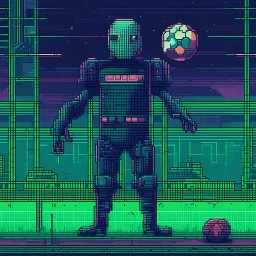 A pixel art cyberpunk version of the best football predictor master pundit master alien