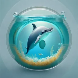 A cute little dolphin in a small circular fish tank.