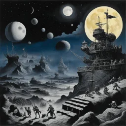 [art by Otto Dix] space pirates land on a rebel moon to hide their contraband cargo picture is in a retro futurist style