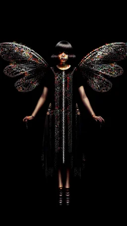 Full Body, Art Nouveau Woman With A Bob With A Fringe Hairstyle, 1920s Clothing, Steampunk Metal Moth wings, Black Background