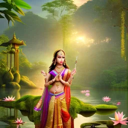 indian priestress in a temple at sunrise in the jungle, lake with lotus flowers, perfect composition, hyperrealistic, super detailed, 8k, high quality, intricate details, highly detailed