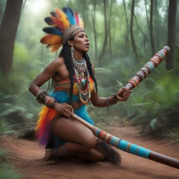 Ta-qua-cha-ha-neh [colourful realistic 8k photo] With grace the youthful tribal woman in agent provocateur began to play a haunting melody on the long and hard didjeridoo, like if she is mating with the didgeridoo, her breath weaving through the instrument with charm. The nature came alive with a newfound energy, as she closed her eyes, a primal urge stirred within her, awakening desires and her ecstasy