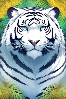 A striking portrait of a majestic white tiger, with piercing blue eyes and delicate, intricate patterns adorning its fur, set against a lush, tropical backdrop.
