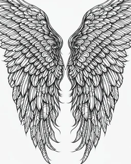 realistic angel wings tattoo idea, line art, background, vector, svg, black outline on white background, leave plenty of white space beetween lines for coloring, tattoo style, tattoo idea,full body