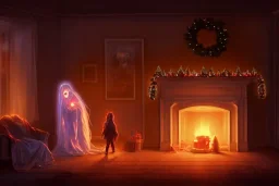 Ghost of a dead girl visit her parents in Christmas night"parents see the Ghost of their dead daughter",Christmas gift fireplace,Christmas night, Christmas tree,gifts, christian decoration 8k resolution concept art by Greg Rutkowski dynamic lighting hyperdetailed intricately detailed Splash art trending on Artstation triadic colors Unreal Engine 5 volumetric lighting Alphonse Mucha WLOP Jordan Grimmer orange and teal"