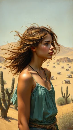Bosch painting style a very beautiful girl with hair if white fathers standing in the desert oasis