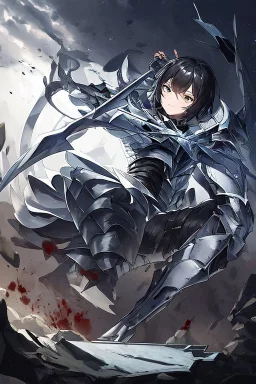 Anime girl with short black hair and sharp green eyes holding a sinister spear, full body black and white metal plate armour, full body shot, Dramatic lighting,1woman, soaked in blood,Warrior