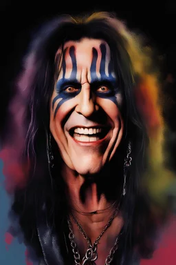 text "MOTLEY CRUE", head and shoulders portrait, Motley Crue Alice Cooper - well-shaped, perfect figure, perfect face, laughing, a multicolored, watercolor stained, wall in the background, professional quality digital photograph, 4k, 8k, 32k UHD, Hyper realistic, extremely colorful, vibrant, photorealistic, realistic, sharp, highly detailed, professional quality, beautiful, awesome, majestic, superb, trending on artstation, pleasing, lovely, Cinematic, gorgeous, Real, Life like, Highly detailed,