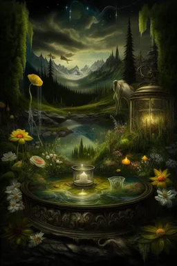 Hyperrealism against the background of a spring landscape in the forest +mirror with a tsunami whirlpool +mountains +ritual +candles+dried flowers+wildflowers+moss++decoupage of flowers+embroidery technique+braided beads+vine+moonlit night,fabulous landscape,surrealism,realism,naturalism,dot technique,microdetalization,high detail objects,digital illustration,volumetric clarity,dark fantasy,dark botanical, professional photo