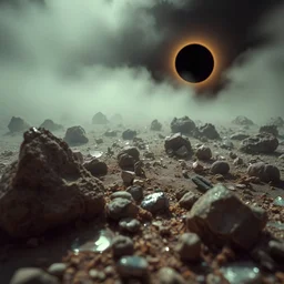 A striking quality close-up photograph captures a wasteland with odd stones, liquids, spooky, creepy, details of the dust very accentuated, glossy, organic, adorned with minerals and rocks, fog, eerie, Max Ernst style, black sun, fog