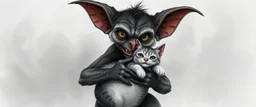 air brush 3d with pen outline, mongrel goblin gremlin holding big cute cat monster with blurred shadow outline, charcoal fog border