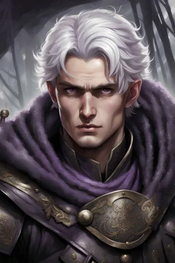 a baron commander of troops. twenty five years old. Short white hair. Purple eyes. Dark-green cloak. Gray clothes.