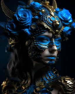 Beautiful vantawhite young faced girl adorned with glittering black colour bioluminescense blue gradient full bloomed rose blosooms voidcore shamanism headdress wearing metallic voidcore filigree black glittering botanical embossed costume armour bioluminescence blue gold and black wearing baroque style half face masque organic bio spinal ribbed detail of voudore decadent vantablack rainy gothica background extremely detailed hyperrealistic maximálist concept portrait art