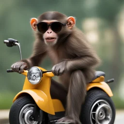 Monkey riding on a scooter making wheelies with sunglasses on